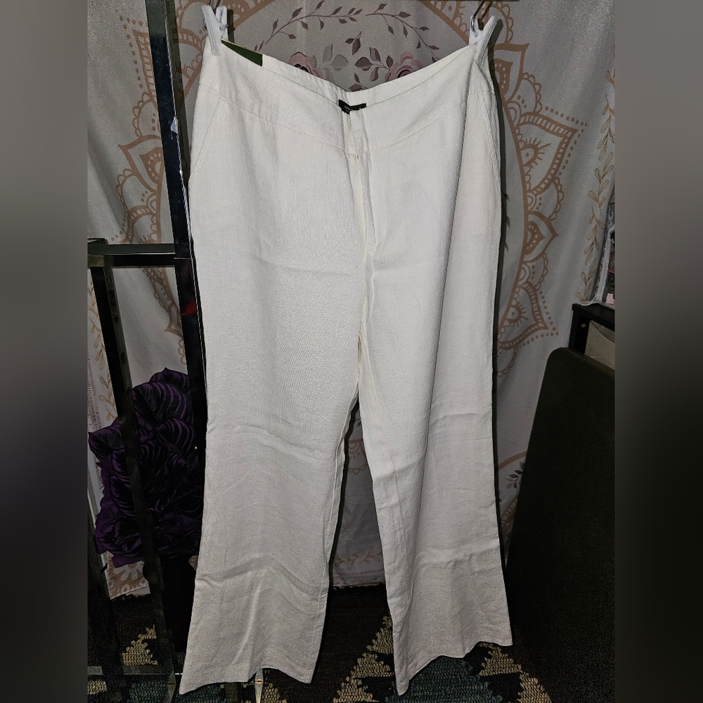 New Eddie Bauer Vashon Fit 100% Linen White Wide-Leg Pants Size 12